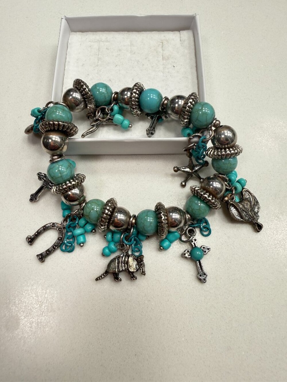 Western Cowgirl Charm Stretch Bracelet Turquoise Silver Beads Horseshoe Cross